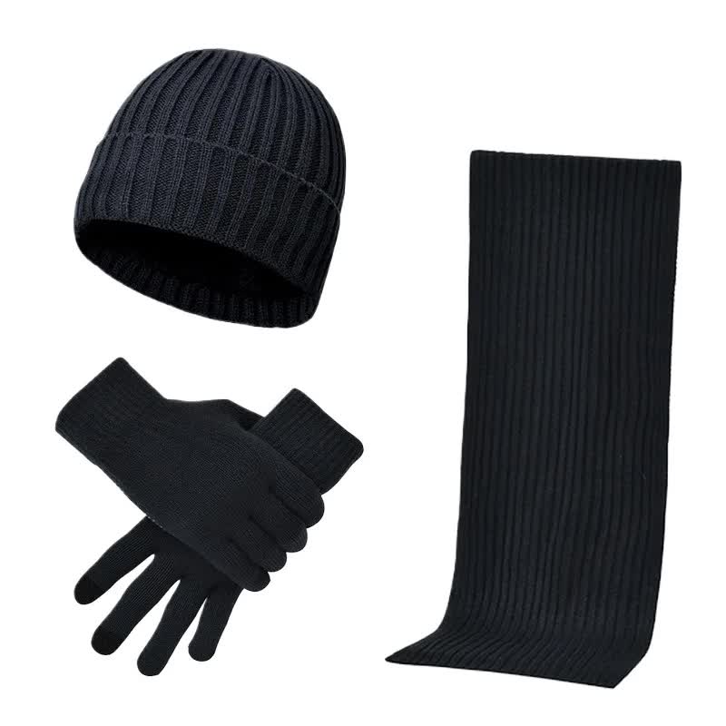 Navy Blue Men's 3-Piece Winter Warm Ribbed Knit Beanie Hat Scarf and Gloves Set