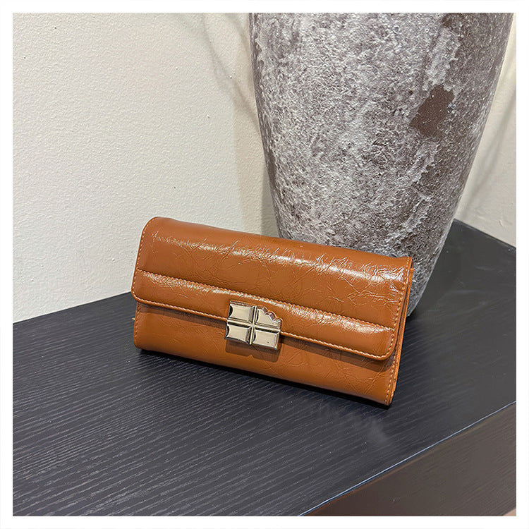 Brown Elegant Women's RFID Blocking Long Wallet - PU Leather Clutch Purse with Clasp