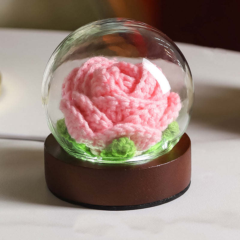 Pink Rose Handcrafted Crochet Flower LED Night Light - USB Rechargeable Glass Dome Lamp with Wood Base, 3 Color Modes