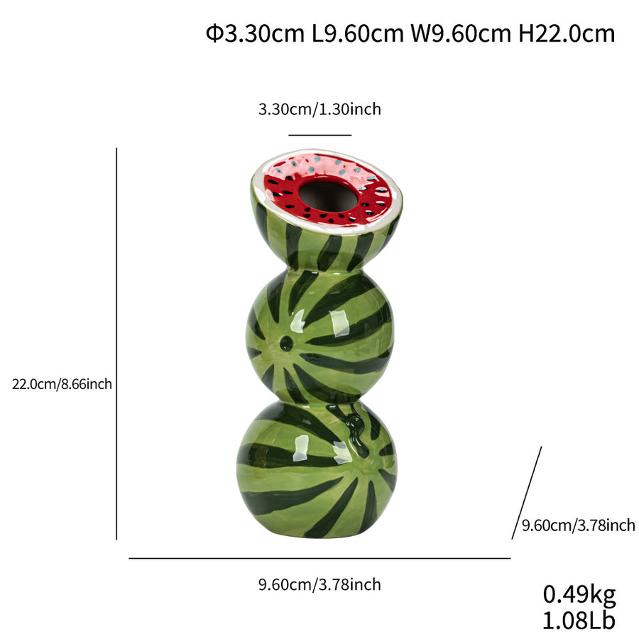 Green and Red Whimsical Stacked Watermelon Ceramic Vase - Novelty Tabletop Decor