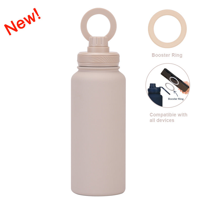 Beige 1L Stainless Steel Water Bottle with Magnetic Phone Holder Lid - Portable Hydration & Hands-Free Stand