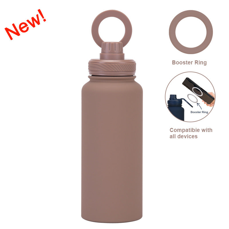 Brown 1L Stainless Steel Water Bottle with Magnetic Phone Holder Lid - Portable Hydration & Hands-Free Stand