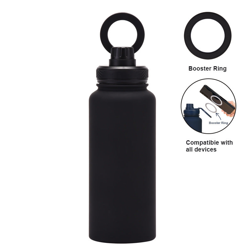 Black 1L Stainless Steel Water Bottle with Magnetic Phone Holder Lid - Portable Hydration & Hands-Free Stand