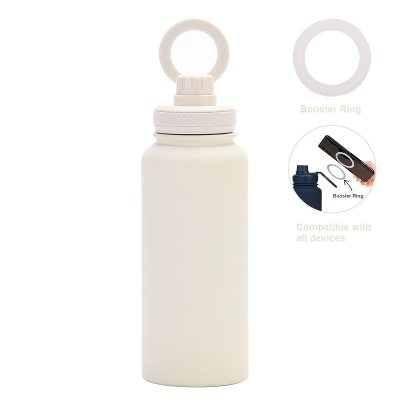 White 1L Stainless Steel Water Bottle with Magnetic Phone Holder Lid - Portable Hydration & Hands-Free Stand