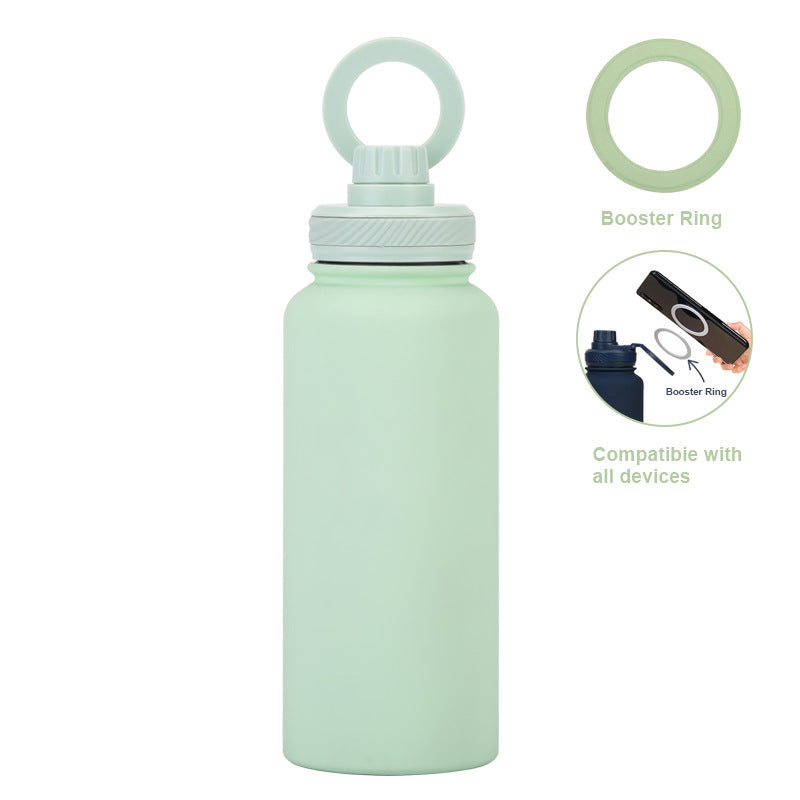 Light Green 1L Stainless Steel Water Bottle with Magnetic Phone Holder Lid - Portable Hydration & Hands-Free Stand