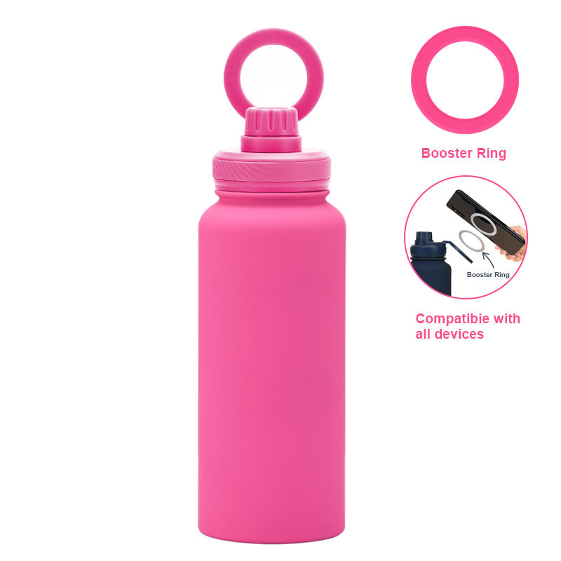 Rose Red 1L Stainless Steel Water Bottle with Magnetic Phone Holder Lid - Portable Hydration & Hands-Free Stand