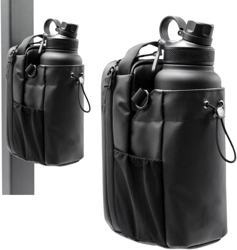 Black Magnetic Gym Water Bottle Holder Bag - Crossbody Sling Pouch for Essentials