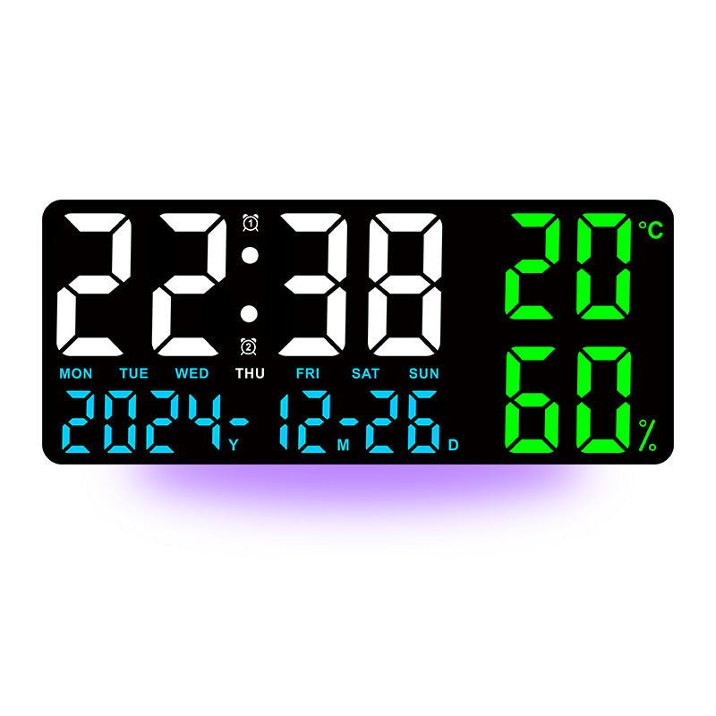 Black Background With Blue,Green and White Light Sleek Large LED Digital Wall & Desk Clock - Remote Control, Temperature, Humidity, Dual Alarms, Calendar