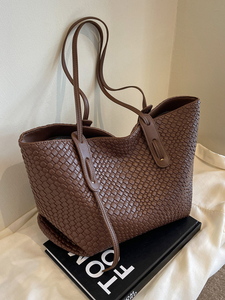 Brown Chic Woven PU Leather Tote Bag - Large Capacity Casual Shoulder & Handbag for Women