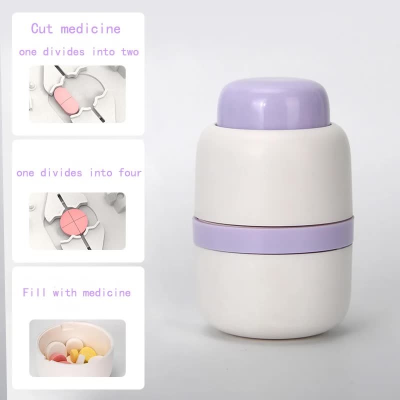 White And Purple 3-in-1 Pill Cutter Crusher & Storage Box - Portable Tablet Splitter Grinder for Precise Dosing
