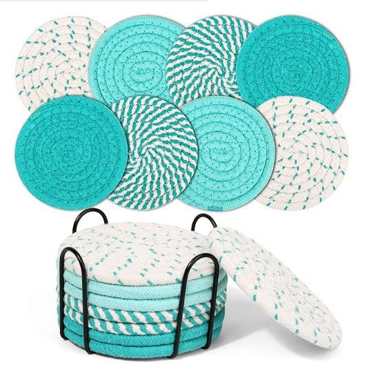 Beige and Blue Absorbent Woven Cotton Coasters - Set of 8 with Metal Holder - Heat Resistant Drink Mats for Table Protection