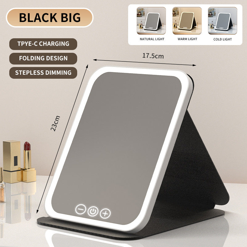 Black Large Foldable LED Makeup Mirror - Portable Desktop Vanity with 3 Color Lights, Stepless Dimming & Adjustable Stand