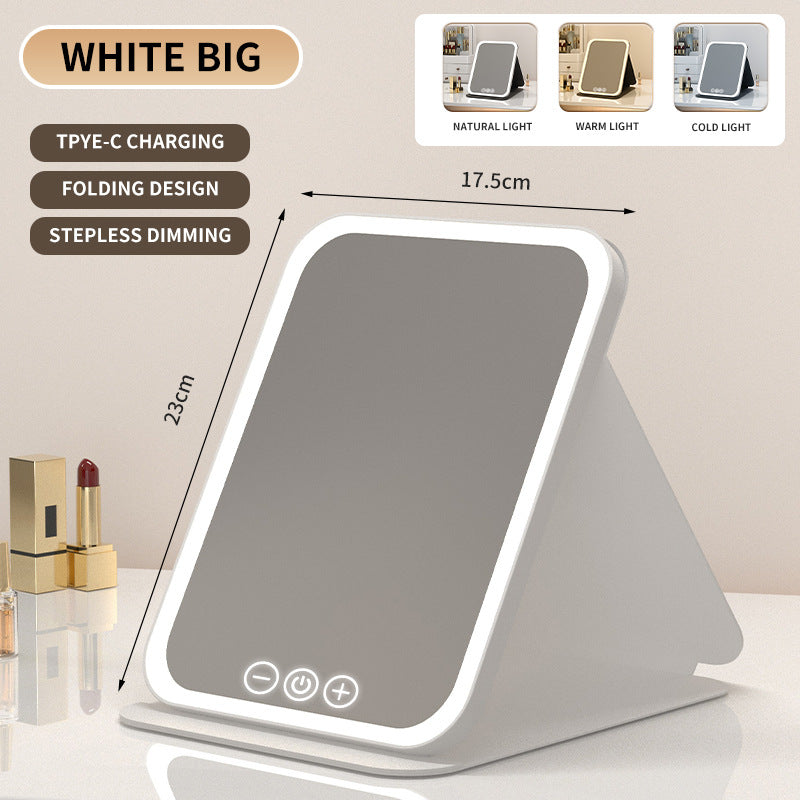 White Large Foldable LED Makeup Mirror - Portable Desktop Vanity with 3 Color Lights, Stepless Dimming & Adjustable Stand