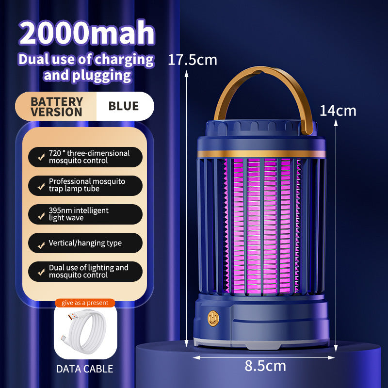 USB Rechargeable Dark Blue Portable 3-in-1 Electric Mosquito Zapper Lamp - UV Bug Killer, Warm Night Light & Bright Lantern