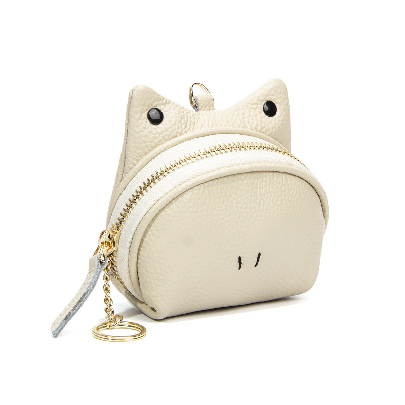 Beige Leather Frog Design Coin Purse - Cute Cartoon Mini Wallet Pouch for Keys & Coins with Keyring
