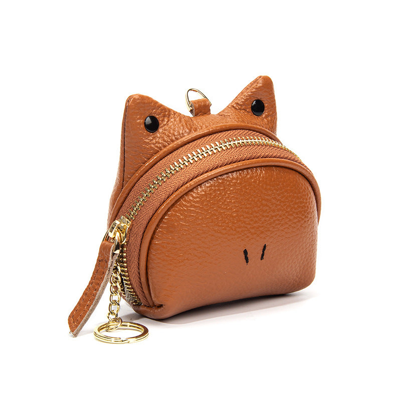 Khaki Leather Frog Design Coin Purse - Cute Cartoon Mini Wallet Pouch for Keys & Coins with Keyring