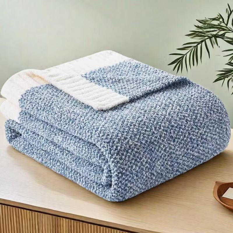 Blue and White Plush Chenille-Knit Throw Blanket - Soft Cozy Polyester for Bed & Sofa | Textured Two-Tone Design (127x153cm)