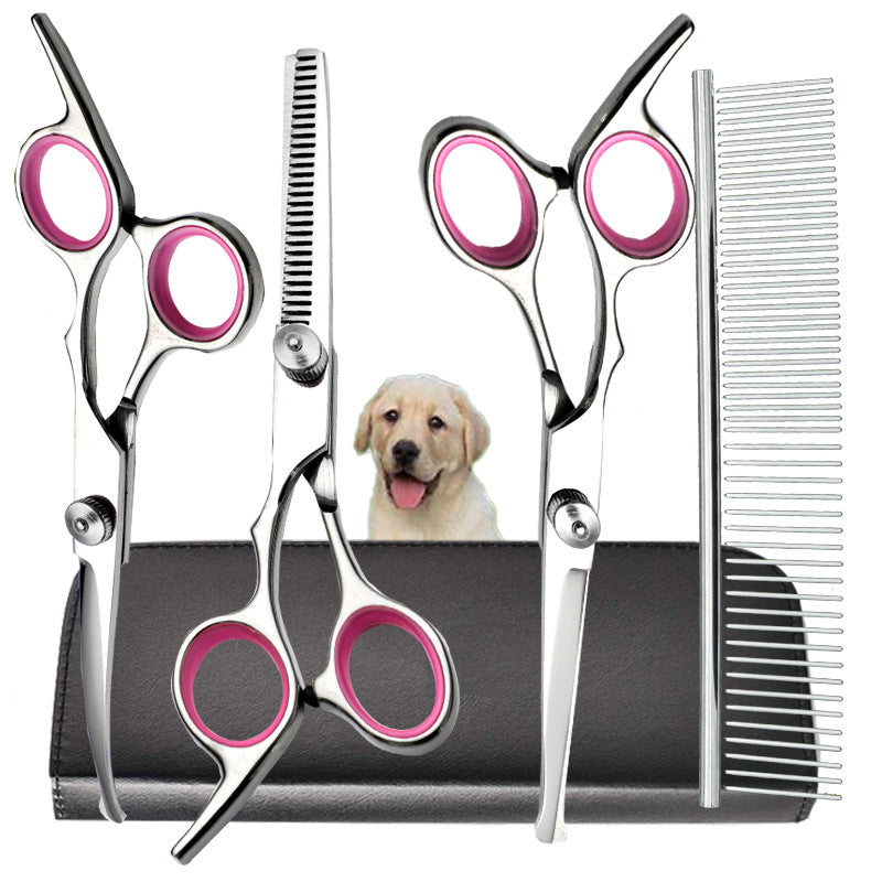 Pink and Silver Complete 5-Piece Pet Grooming Scissors Kit - Stainless Steel Straight, Curved & Thinning Shears with Comb & PU Case (6.0 Inch)