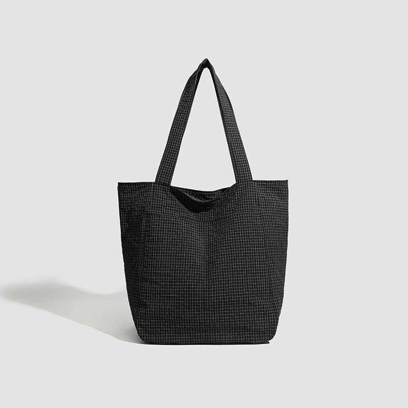 Black Stylish Lightweight Seersucker Gingham Tote Bag - Spacious Multi-Pocket Shoulder Bag with Zipper