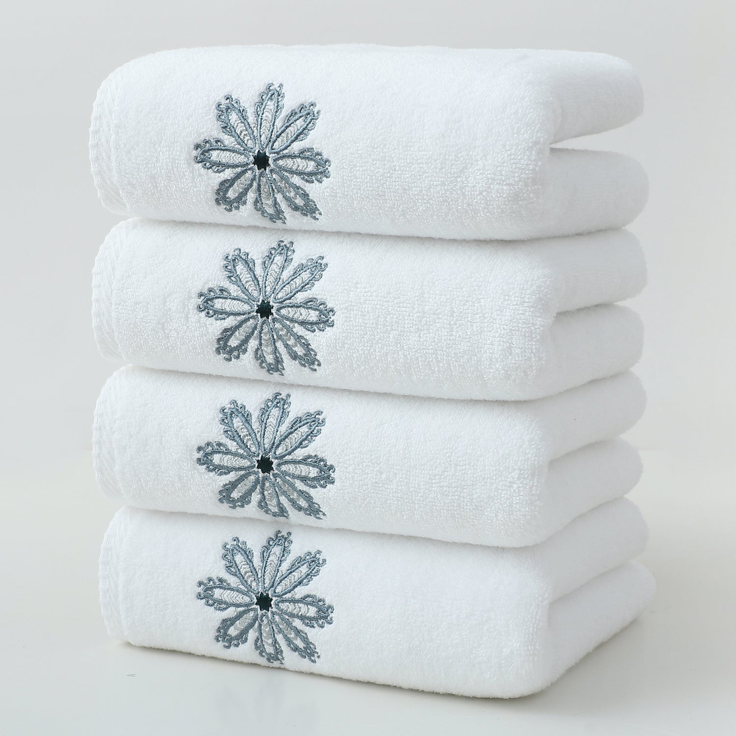 White 4-Pack Elegant Green Floral Embroidered Cotton Hand Towels - Ultra Soft & Absorbent