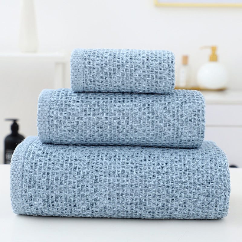 Blue Premium 3-Piece Waffle Weave Cotton Towel Set - Lightweight, Quick-Dry & Absorbent - Bath, Hand, Face Cloth