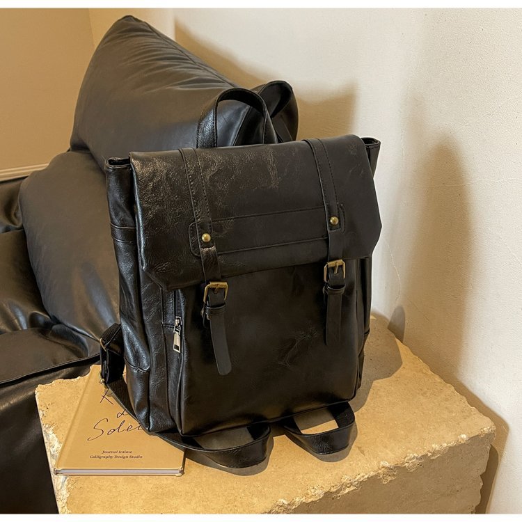 Black Vintage Style PU Leather Backpack - Large Capacity Women's Rucksack for University, Commute & Travel
