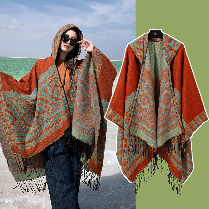 Orange Soft Faux Cashmere Poncho Cape - Oversized Winter Shawl Wrap (130x150cm)