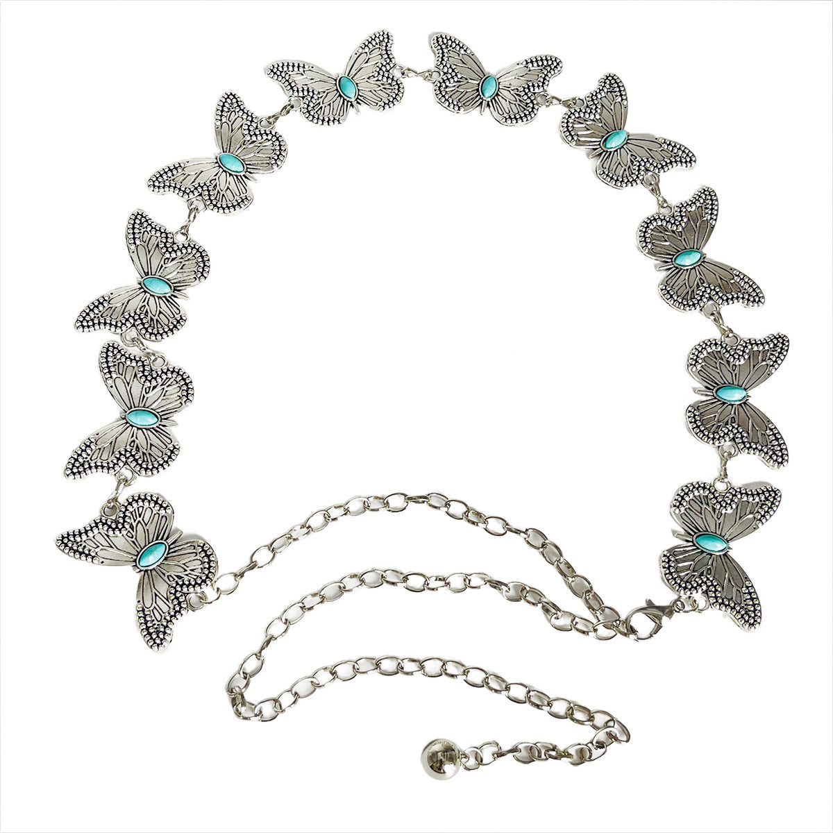 Turquoise Butterfly Belt Chain-Silver Set of 4 Bohemian Ethnic Style Metal Waist Chains - Versatile Fashion Belts for Dresses & Shirts