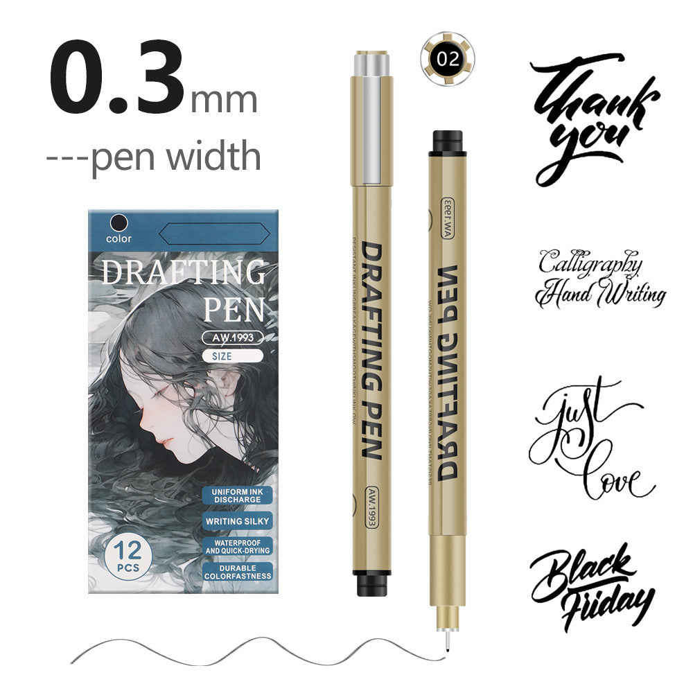 0.35mm 12-Piece Precision Drawing Pen Set - Waterproof Anime Sketching Pens for Students, Assorted Tips