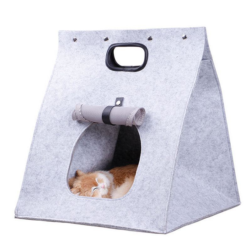 Grey Cozy A-Frame Felt Pet Teepee - Foldable & Portable Cat Cave Bed with Easy Carry Handle