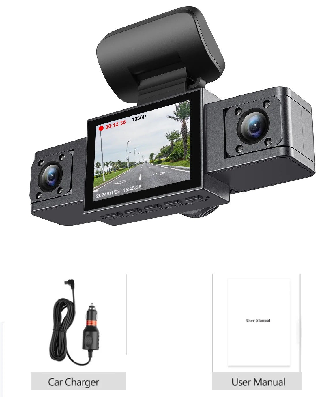 3-Inch HD 1080P Dash Cam - Front, Rear, and Left Recording, 19x12x8cm