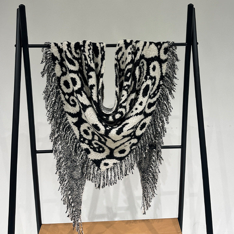 Black-white Luxurious Fringe Wool and Lambswool Scarf for Women - Thick Warm 60 x 170 cm Shawl