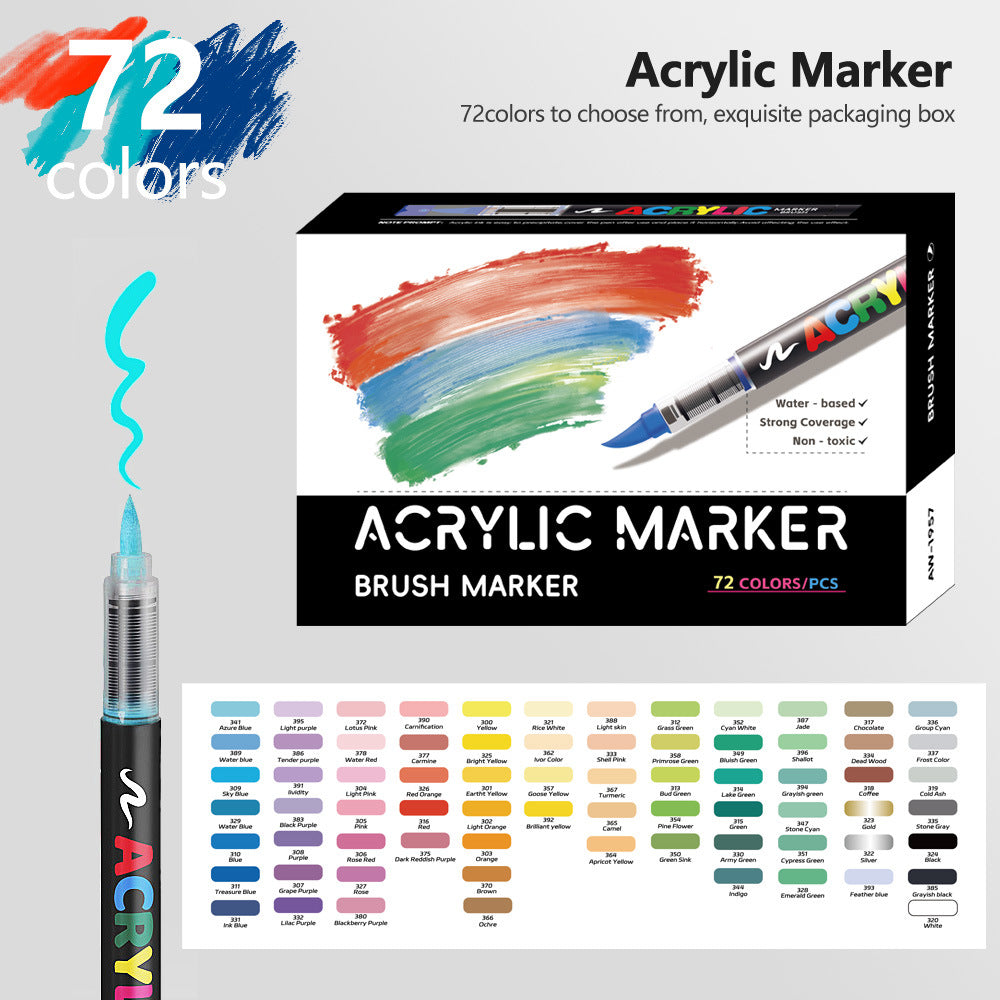 72 Colour Set Vibrant Cyan Acrylic Marker with Soft Brush Tip - 13.8 cm Professional Art Pen
