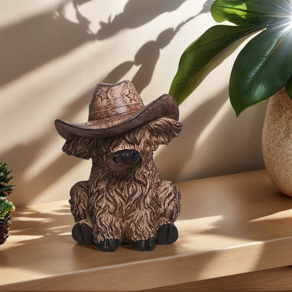Highland Cow with Cowboy Hat Resin Statue - Rustic Farmhouse Garden Decor