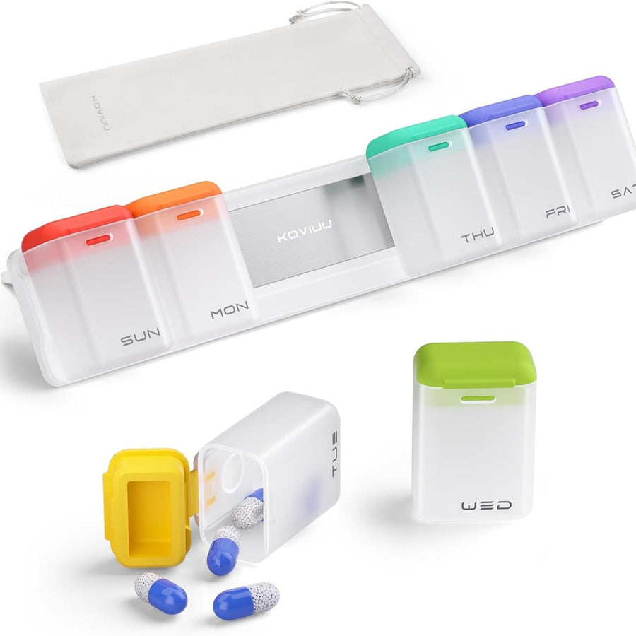 Transparent + Multicolor Cover Weekly Pill Organizer 1-Time-a-Day - Large Capacity Magnetic Closure Pill Box (246 x 49 x 23 mm)