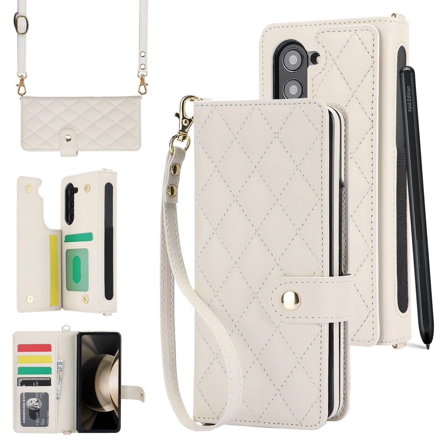 White Galaxy Z Fold3 Multi-Functional Leather Wallet Case for Samsung Z Fold Series - Crossbody with Pen Slot, Quilted Design Pen Not Included