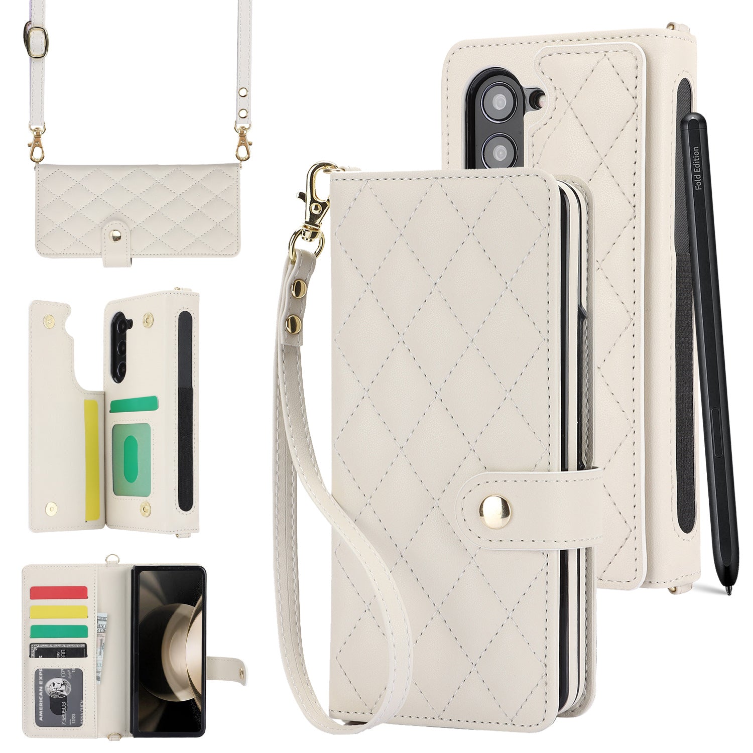 White Galaxy Z Fold6 Multi-Functional Leather Wallet Case for Samsung Z Fold Series - Crossbody with Pen Slot, Quilted Design Pen Not Included