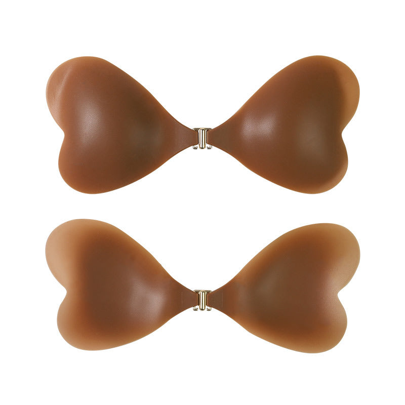Size M [B cup] Two Pairs Brown Skin Colour Heart-Shaped Silicone Breast Sticker - Thin Invisible Push-Up for Small Chest Enhancement