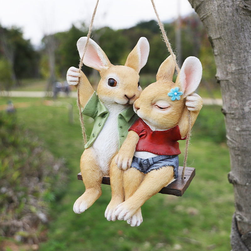 Cartoon Rabbit Couple Swing Garden Ornament - Charming Resin Decor