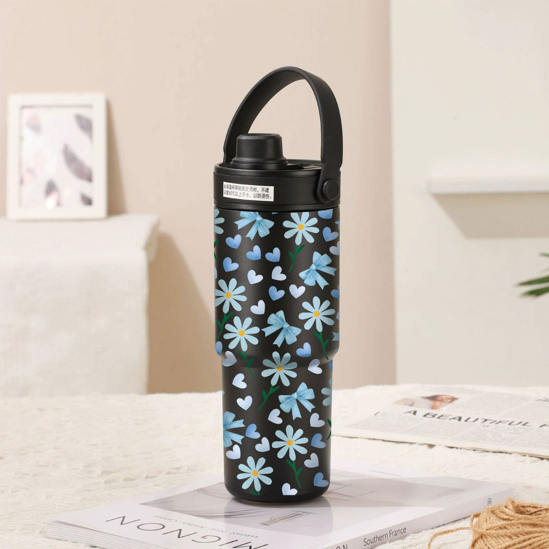 Twilight Black-Bow Tie Blue Flower 30oz Ceramic-Lined Insulated Tumbler with Handle, 735ml Stainless Steel Travel Mug