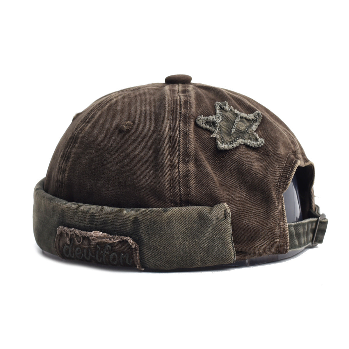 Vintage Washed Cotton Docker Cap - Unisex Brimless Beanie Hat with Star Patch(Coffee)