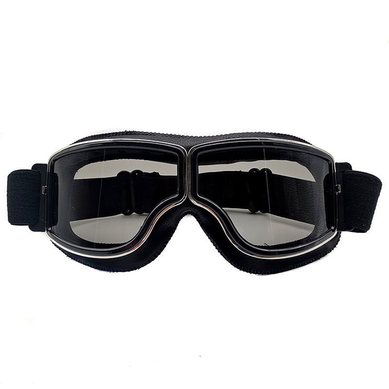 Retro Motorcycle Goggles - Windproof, UV400 Protection, Anti-Impact PC Lenses with Leather Frame(Black leather gray lens)