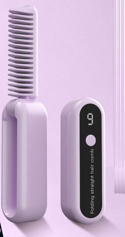 Foldable Wireless Hair Straightener Comb - 9 Temperature Settings, Anti-Scald, USB-C Rechargeable(purple)