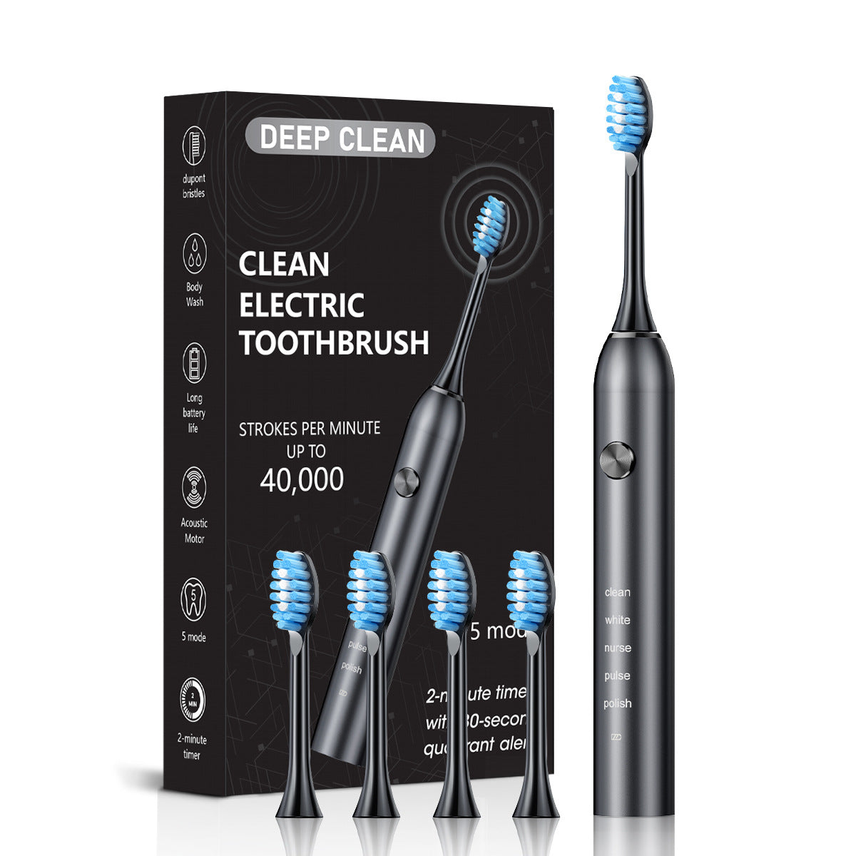 Professional Sonic Electric Toothbrush - 5 Modes, 40000 VPM, 180-Day Battery, IPX7 Waterproof with 4 Brush Heads(black)