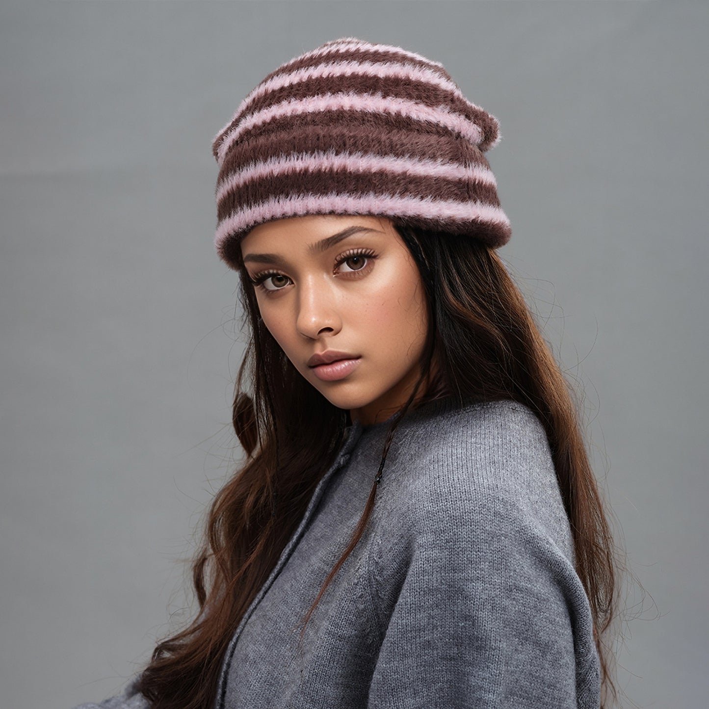 Trendy Dual-Tone Striped Beanie - Soft Plush Knit, Versatile Winter Cap (Pink and brown)