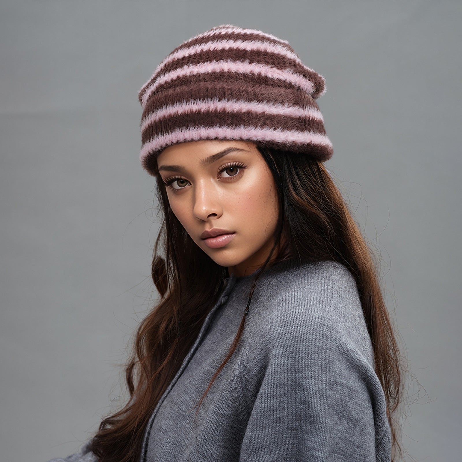 Trendy Dual-Tone Striped Beanie - Soft Plush Knit, Versatile Winter Cap (Pink and brown)