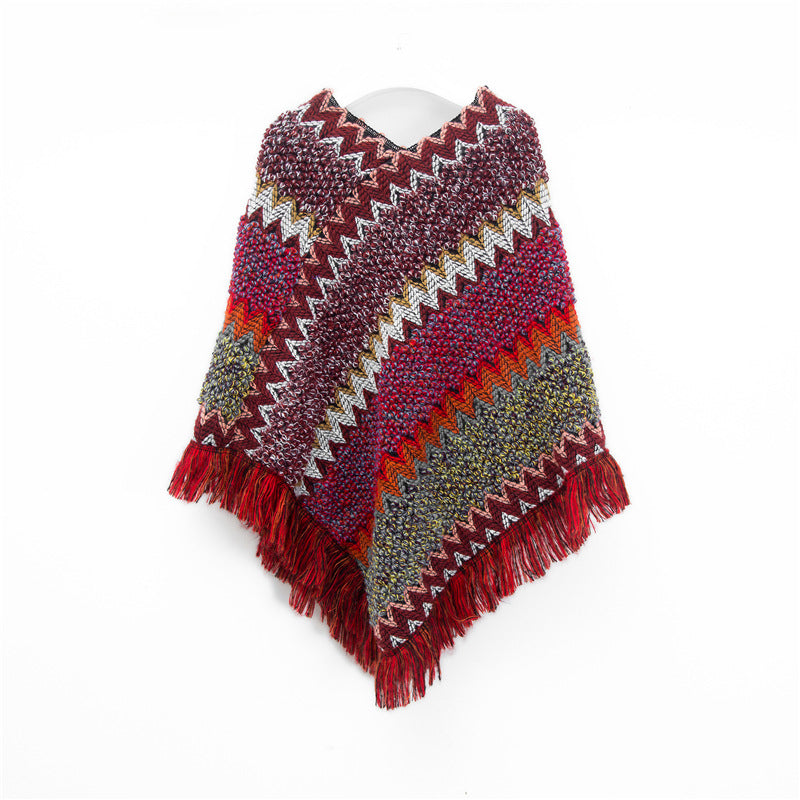 Wine red Lightweight Chevron Knit Poncho for Women - Elegant Fringed Shawl Wrap