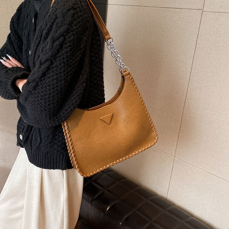 Brown Chic PU Leather Shoulder Bag with Chain Strap & Whipstitch Detail