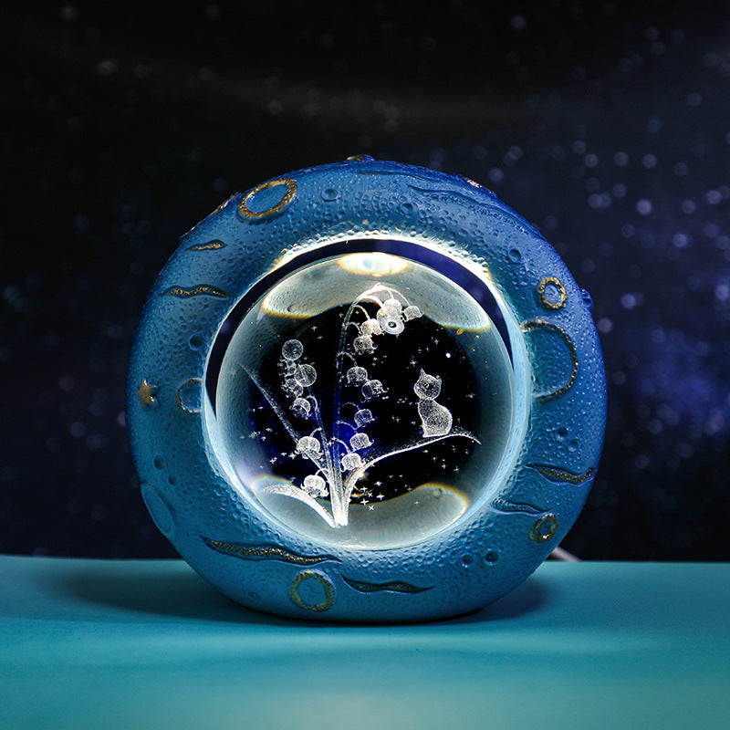 Celestial Ring LED Crystal Ball Lamp - 3D Engraving, Unique Gift (Lily of the Valley)