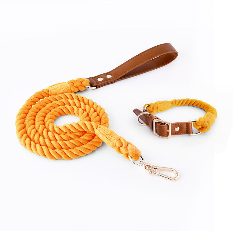 Premium Leather Pet Collar and Leash - Soft, Strong Braided Rope (Honey orange - Size L)
